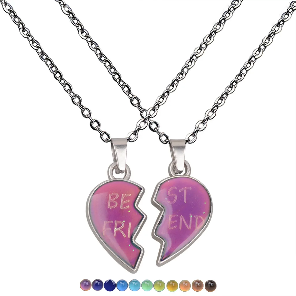 1 pair love heart color changing mood necklace Best Freind puzzle couple stainless steel chain necklace men women jewelry gifts