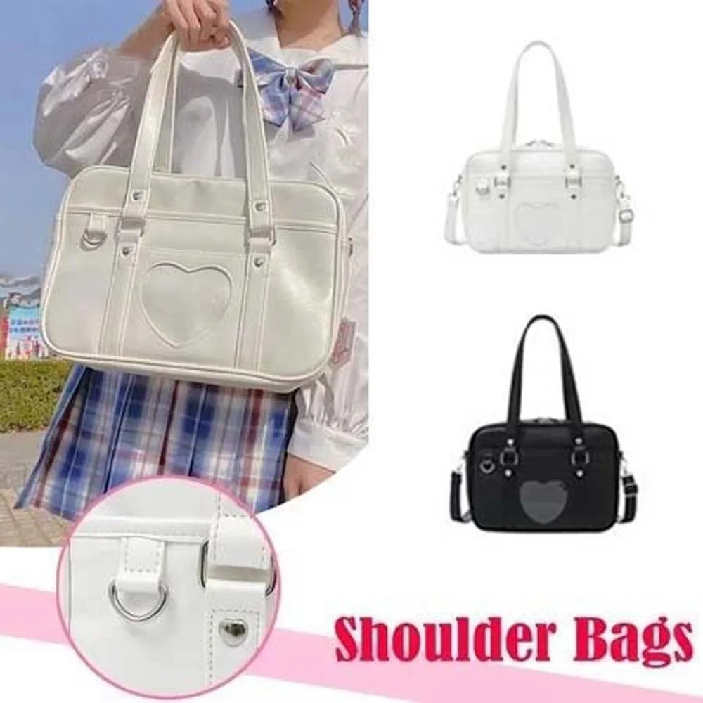 Vintage Large Capacity JK Uniform Shoulder Bag PU Leather Love Heart JK Tote Bag Handbag Black White Underarm Bag Holiday