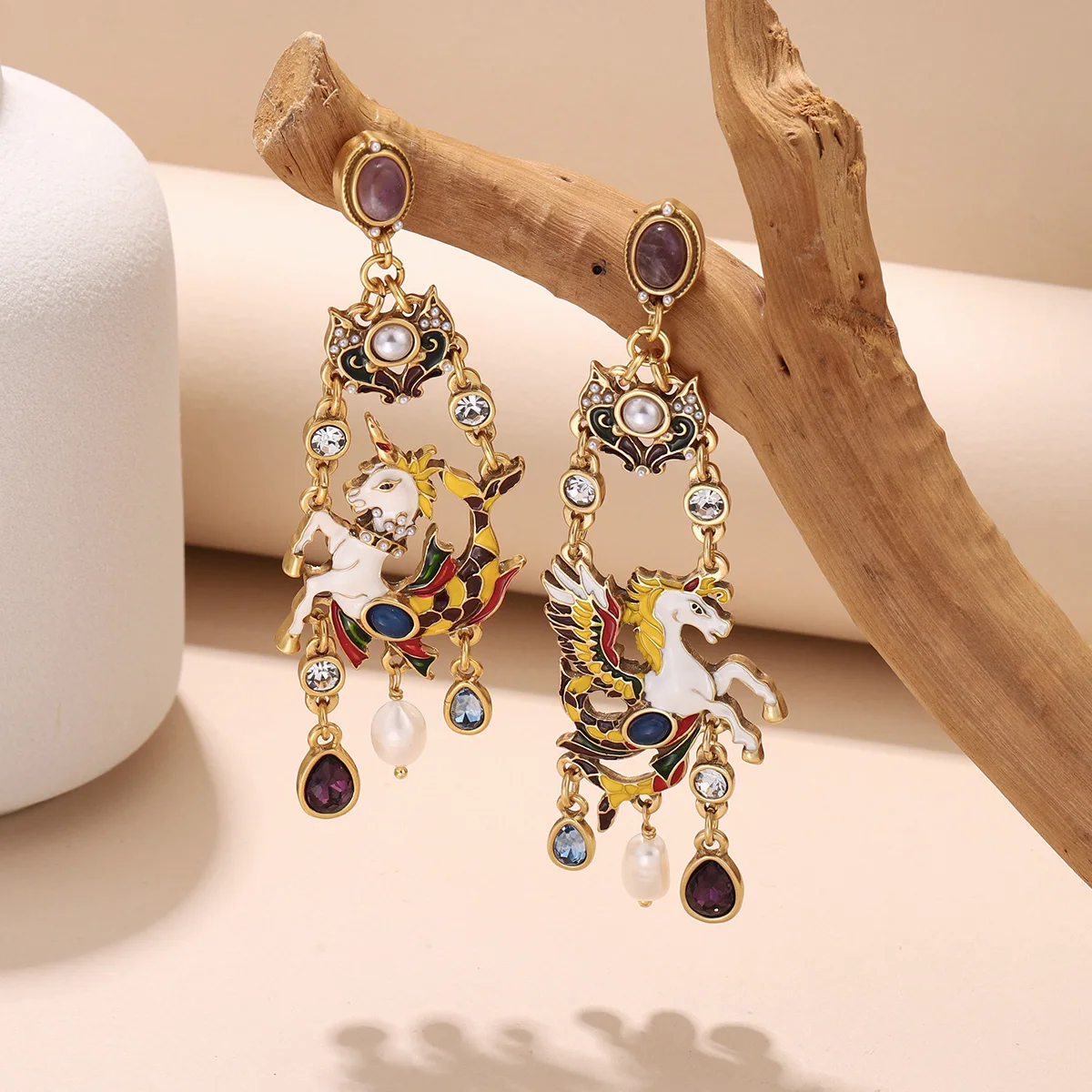 Vintage Enamel Pegasus Drop Earrings for Women - Ethnic Style 18K Gold Plated Turquoise Stone Dangle Earrings Party Jewelry