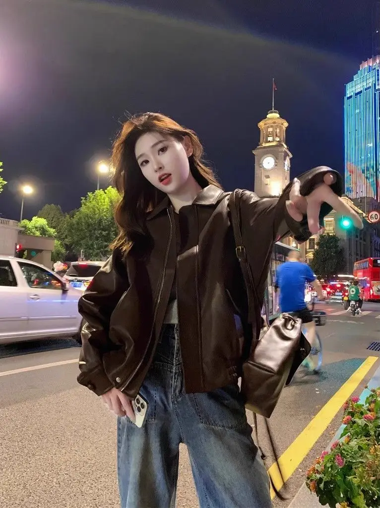 ملابس شتوية فضفاضة طويلة للسيدات من الجلد البني Jaet ملابس خارجية رائعة للفتيات معطف كوري