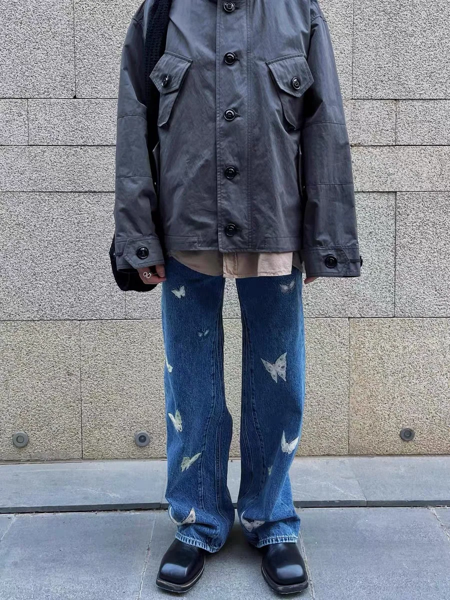 

New 25SS Indigo Embroidery Wide Leg Jeans Men's Loose Straight Cut Sweat Absorbent Casual Trousers for Youth