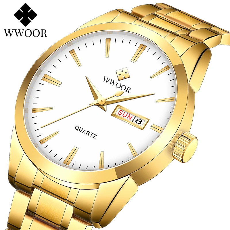 WWOOR Top Brand Luxury Man Wristwatch Waterproof Date Week Men Watches Stainless Steel Fashion Quartz Men's Watch Male reloj