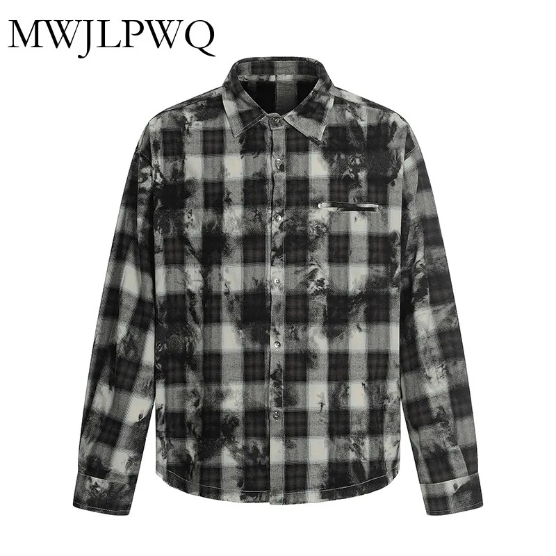 

MWJLPWQ New Fabric Burnt Gradient Shirt Male High Street Lapel Single Breasted Plaid Niche Design Casual Top Loose Hiphop 010940