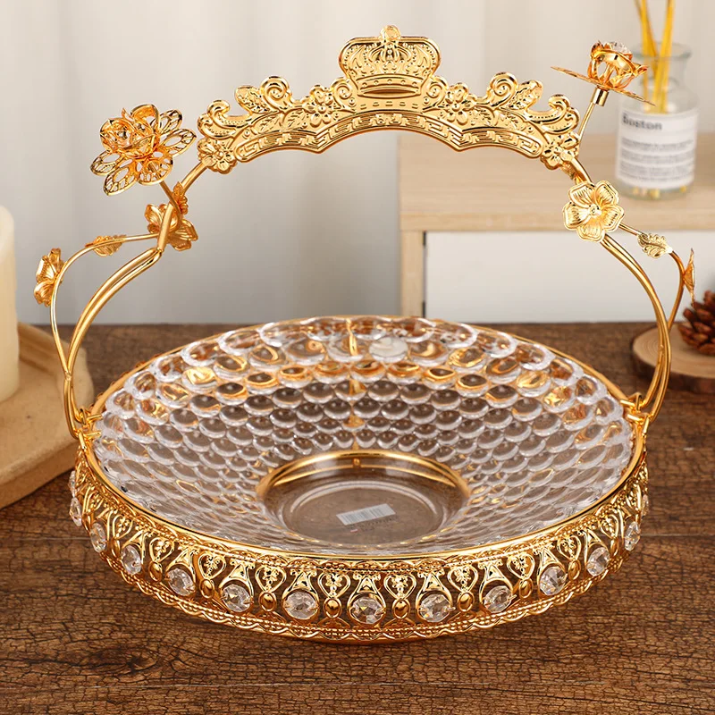 Light luxury pattern crown decorative fruit basket, gold hollow flower glass fruit basket, banquet fruit basket jewelry