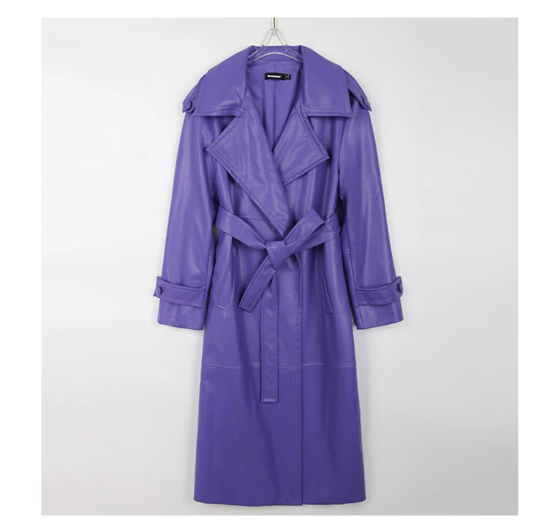 Mauroicardi Spring Long Waterproof Soft Purple Pu Leather Trench Coat for Women Sashes Luxury Elegant Leather Overcoat 2025