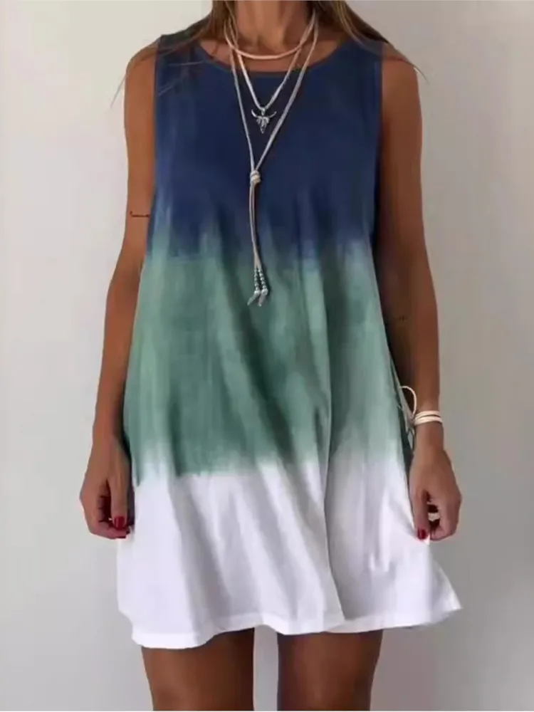 

Casual Loose Tie Dye Sleeveless Tank Dresses For Women Clothing 2025 Summer Fashion O-neck Vacation Beach Sexy Mini Dress