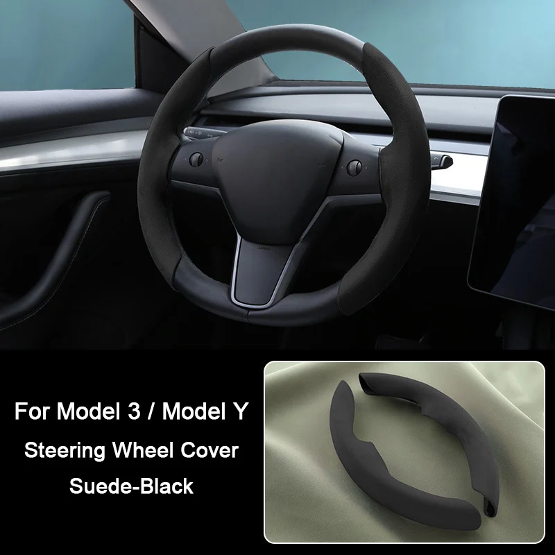 For Tesla Model 3 Model Y 2021 2022 2023 2024，Steering Wheel Cover Carbon Fiber Leather Suede Sport Styling interior Accessories