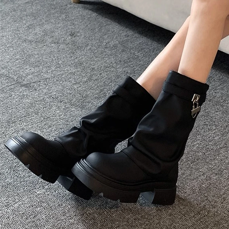 2023 zimowe nowe designerskie botki damskie na platformie Chelsea Boots plisowane botki motocyklowe w stylu punkowym buty na obcasie