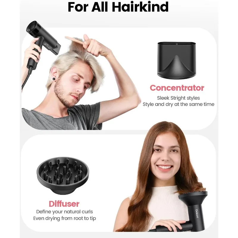 Hair Dryer, 110,000 RPM High-Speed Fast Drying Blow Dryer, 500 Million Ionic Lightweight Hairdryer with Diffuser,Magnetic Nozzle