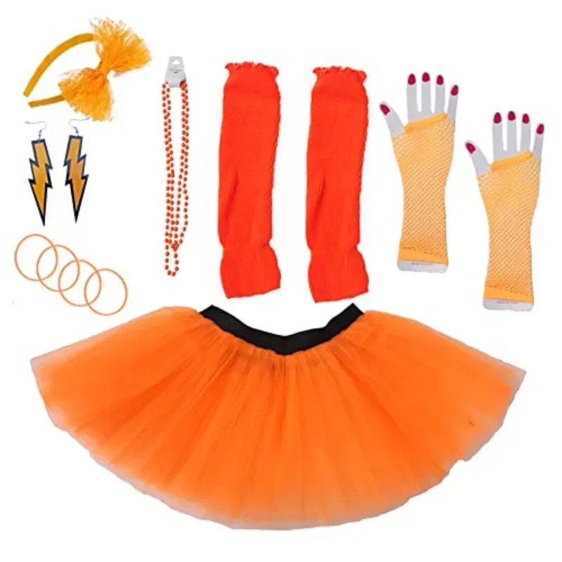 80s Costumes Accessories Set for Women Tutu Skirt Butterfly Hair Band Necklace Lightning Earrings Fishing Net Gloves Long Sleeve