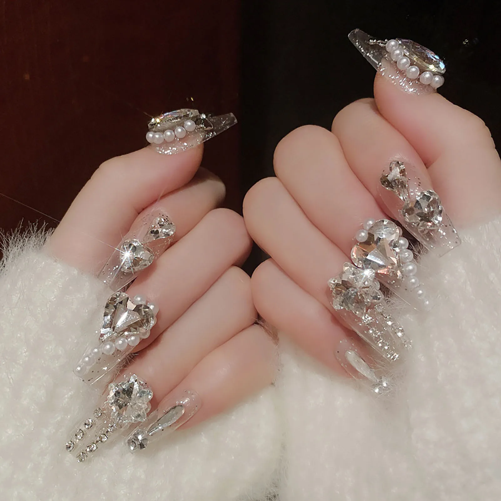 Glitter Crystal Fake Nails Shiny Pearl Rhinestone Design Bride Wearable Press on Nails Korean Heavy Metal Spice Girl False Nails