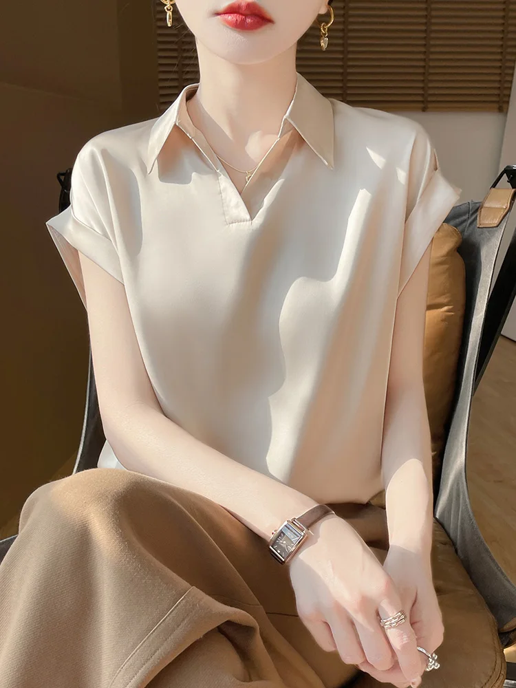 

Silk Acetate Satin Short Sleeve Collar Loose Women's Top Commute Style Spring Summer New Fashion Versatile Casual Shirt