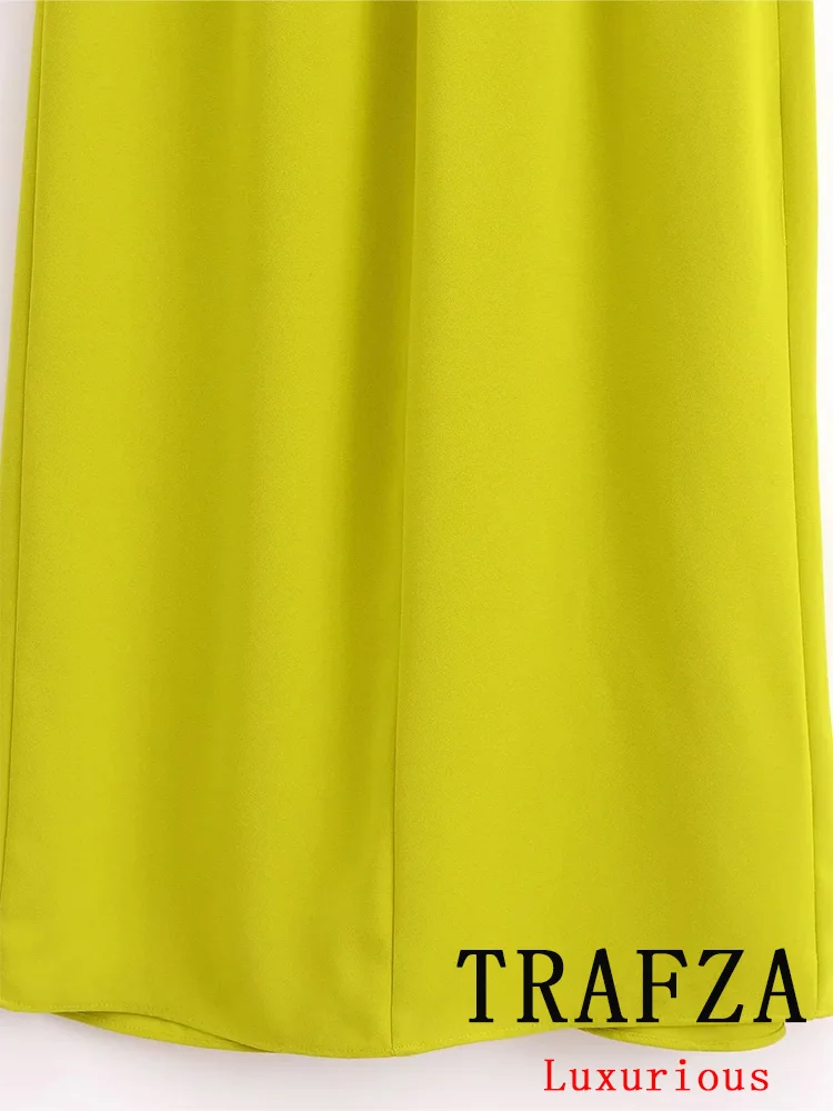 TRAFZA Vintage Casual Chic Women Dress Yellow Solid O-Neck Zipper Sleeveless Straight Vestidos Fashion 2024 Spring Summer Dress