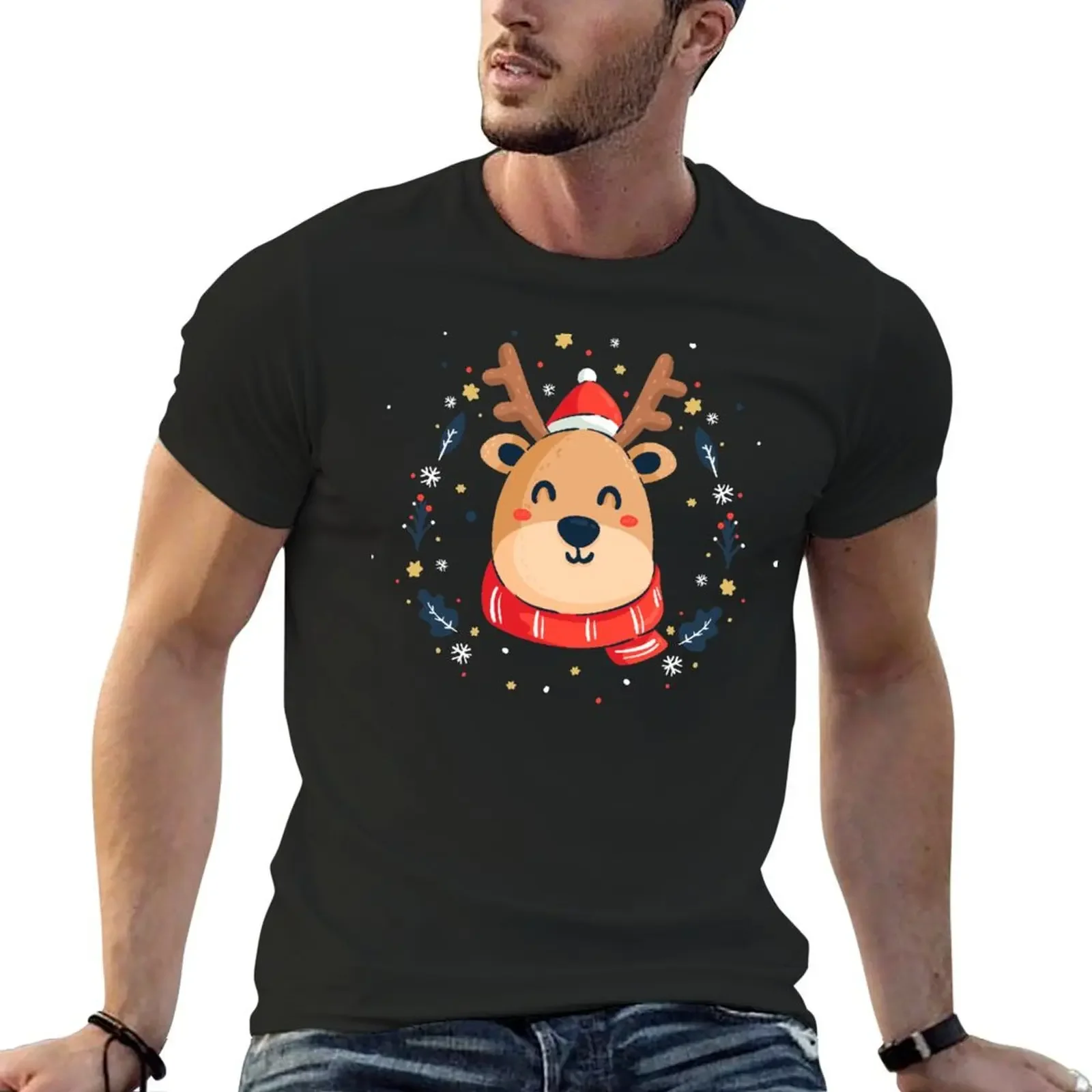 

Cute Reindeer Christmas Sweater T-Shirt hippie clothes oversized cotton graphic tees plain white t shirts men