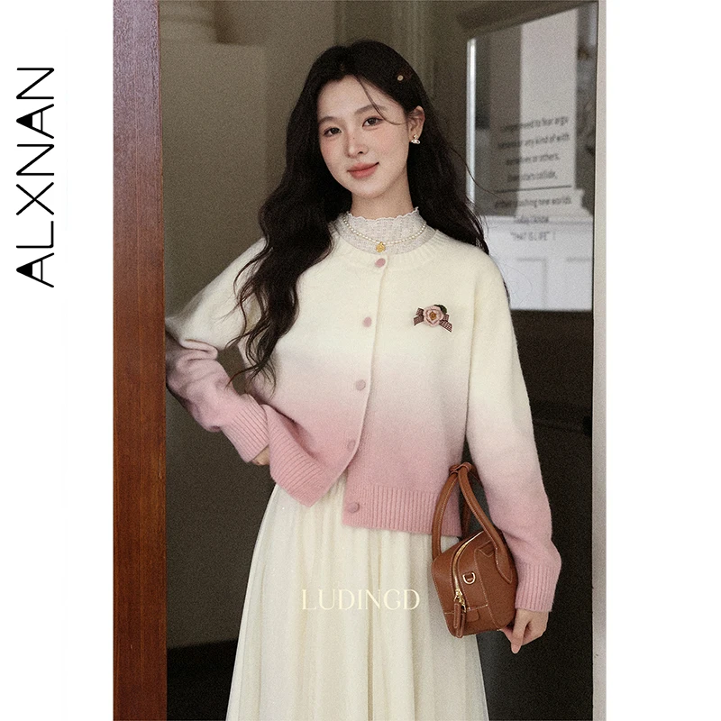 ALXNAN bleu Cardigan femmes col rond 3d fleur dégradé couleur pull 2025 automne doux décontracté à manches longues tricoté hauts L57212-1