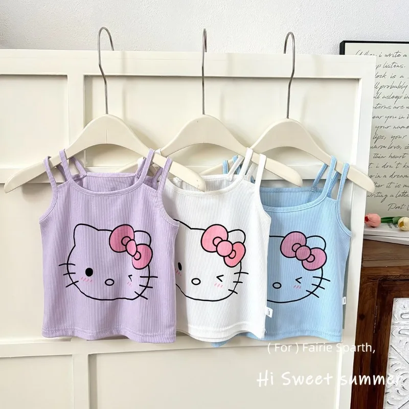 

Summer Hello Kitty Anime Kawaii Sanrio Ins Short Sleeve Shirt Cute Cartoon New Kt Cat Vest Clothes Home Wear Hoodie Gifts