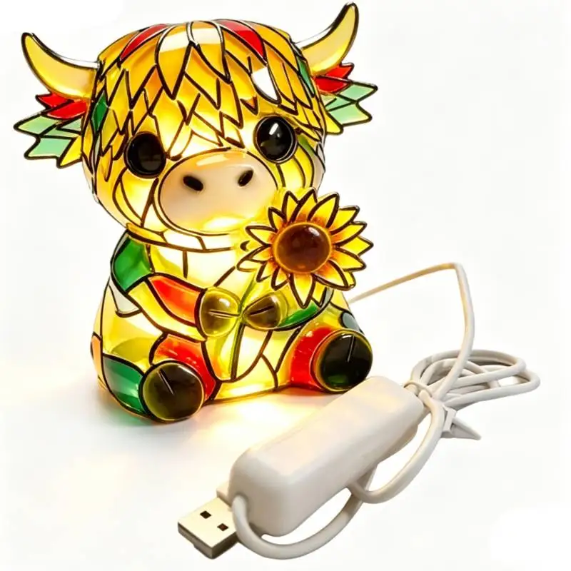 LED Sunflower Highland Cow Table Lamp Handcrafted Stained Glass Night Light Resin Animal Ornament Light for Home Office Bedroom