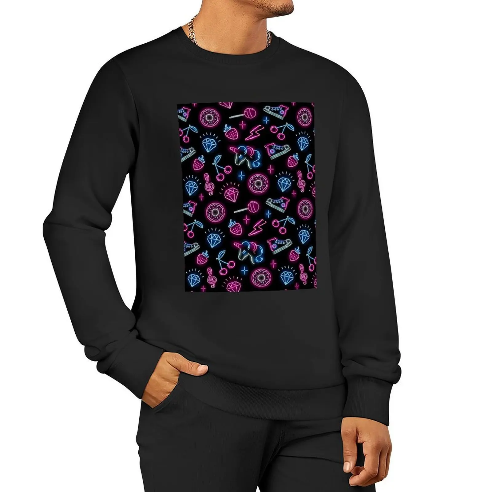 Donuts Pattern with neon icons of unicorn face, strawberry, diamond, cherry, donut, lollypop, sneaker on black b Pullover Hoodie