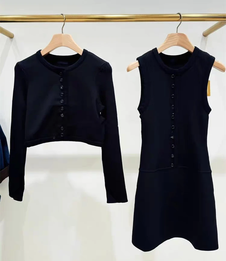 

Новое женское платье 2025 года, костюм-двойка, вязаный кардиган с круглым вырезом и длинными рукавами или мини-платье без рукавов