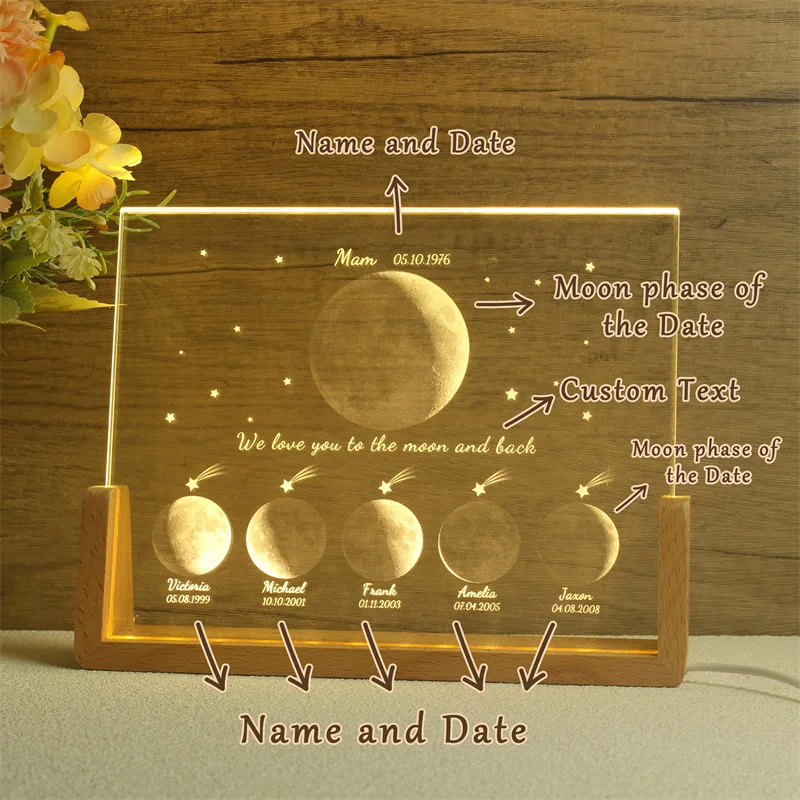 Personalized Moon Phase Crystal Lamp, Custom Moon Crystal Nightlight, The Night We Met, The Day You Were Born, Gift for Mom