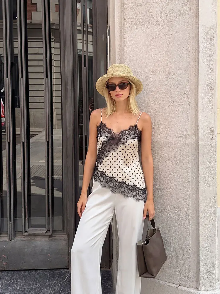 HH Damen-Tanktop mit Polka Dots und Spitzen-Patchwork für den Sommer, High-Street-Chic-Mode