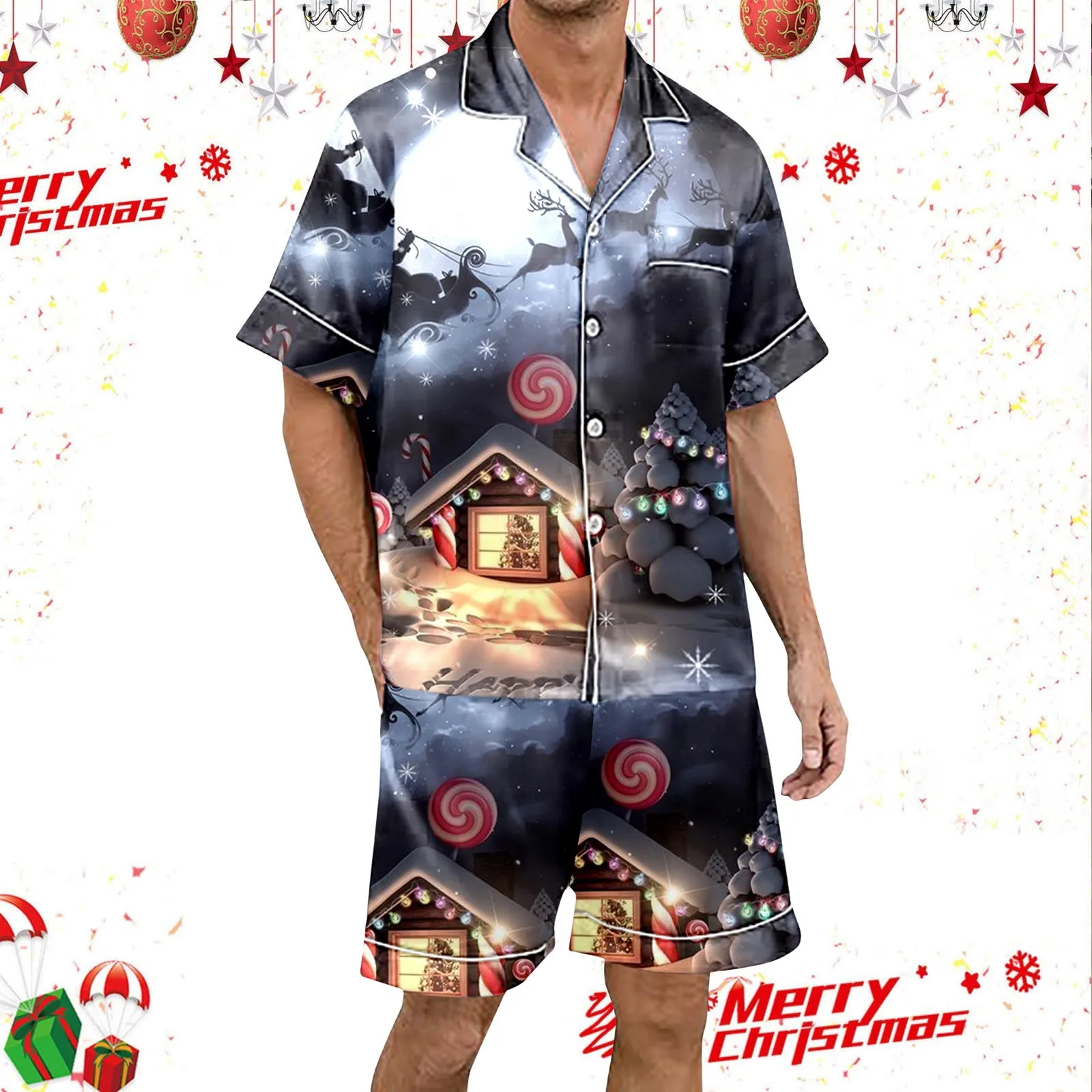 Christmas Men\'S Pajama Set Short Sleeve & Shorts Santa Gradient Print Pajama Sets For Men 2 Piece Plus Size пижама женская