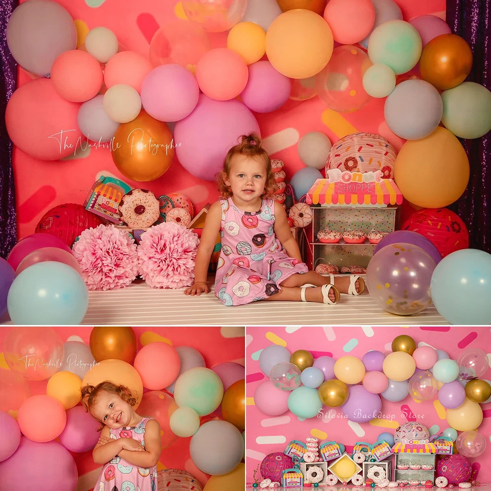 

Sweet Donut Photography Backdrops Girl 1st Birthday Cake Smash Photocall Background Photo Studio Balloon Flower Photoshoot Props