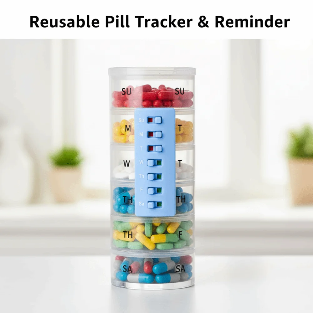 Curved-Back Reusable Pill Tracker Color-Coded Indicators Creative Pill Reminder Elderly Friendly Anti-Slide Design
