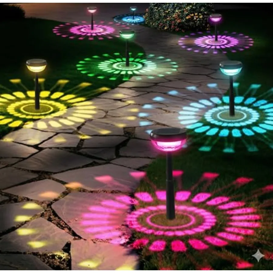 Solar Pathway Lights IP65 Waterproof, RGB Color Changing and 6500K, 8-16Hr Runtime, Flower Pattern Garden Lights for Walkway Po