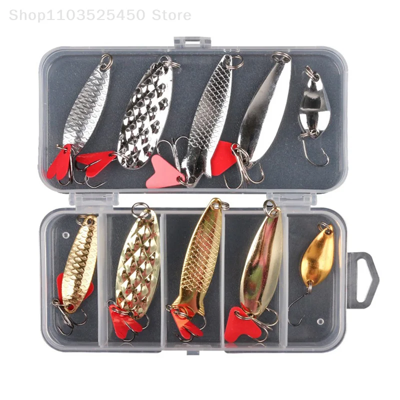 

10 Pcs Fishing Metal Spoon Lure Kit Set Gold Silver Baits Sequins Spinner Lures with Box Treble Hooks Fishing Tackle Gear