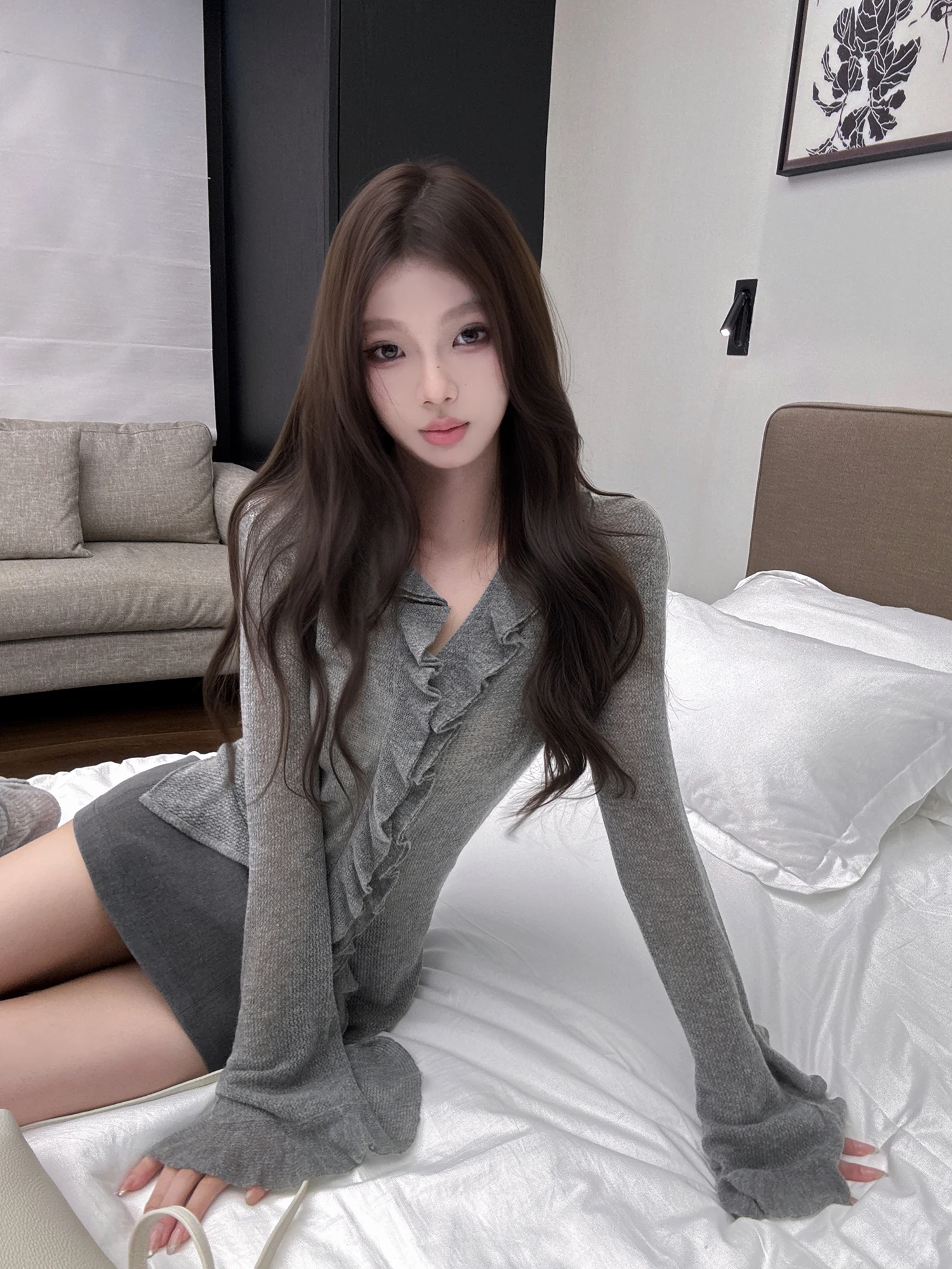 

Женский вязаный кардиган EU с асимметричным дизайном в форме лепестков, дышащий, с длинными рукавами, укороченный