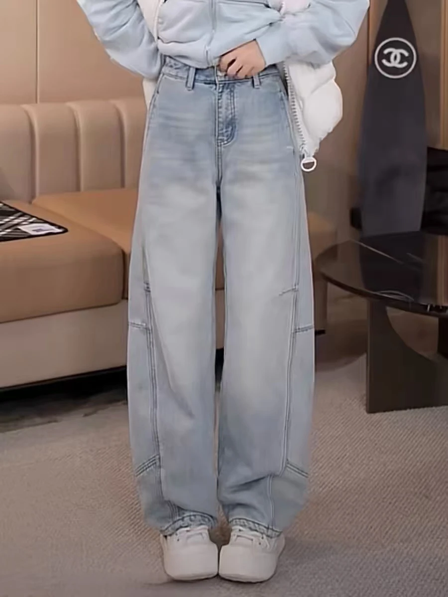 

Джинсы женские с высокой талией, широкими штанинами и прямым кроем, весна-осень, большие размеры, для фигуры типа «груша», свободные, стройнящие брюки