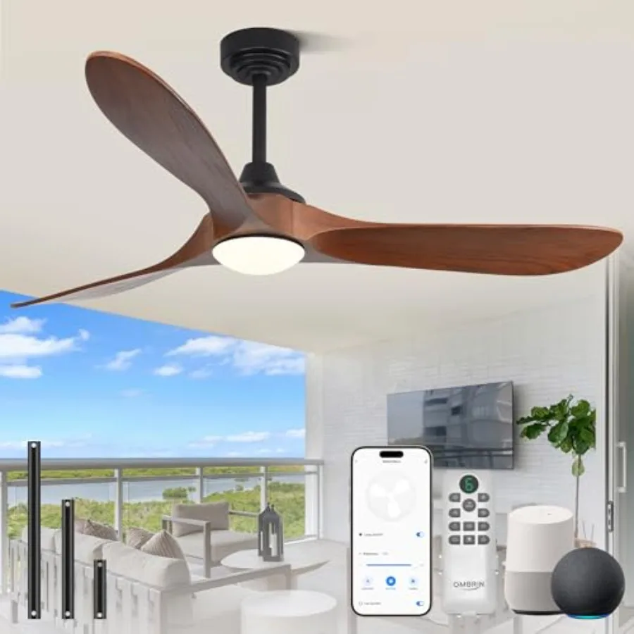 60 inch Outdoor Ceiling Fans with Lights, Smart Wood Ceiling Fan for Alexa/Google/APP Control, Indoor/Outdoor Use, 3 Blades, 3C