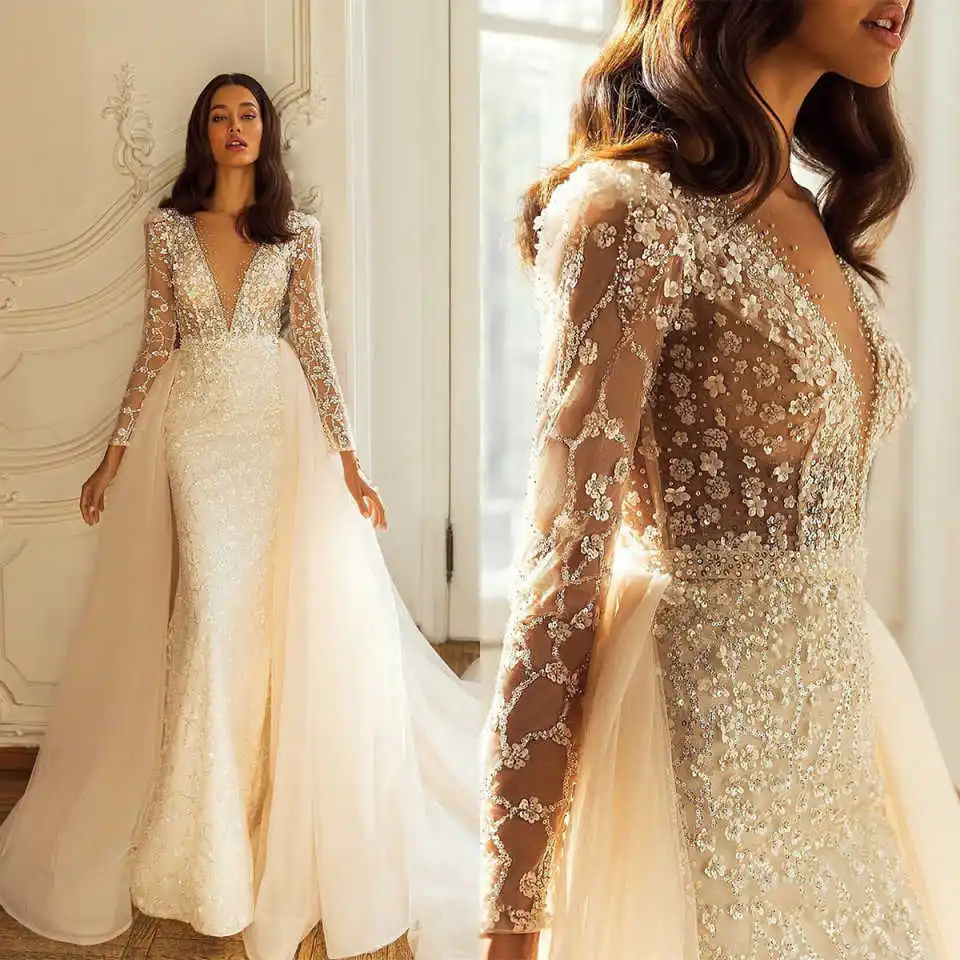 Graziosi abiti da sposa a sirena con scollo a V Appliques Paillettes Abiti da sposa a maniche lunghe Abiti da ballo Vestido de novia Personalizzato