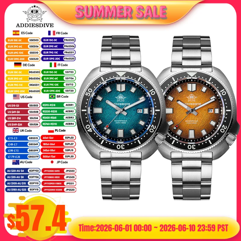 

ADDIESDIVE Men Watch Sapphire Crystal Abalone Dive Watch AD2511 20Bar Waterproof 316L Stainless Steel reloj hombre Quartz Watch