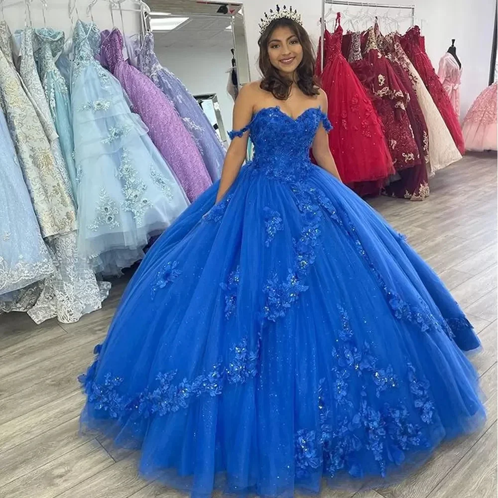 Off-Shulder Baljurk Quinceanera Jurken Vestidos De 15 Anos Mode 3d Bloem Tule Sweet 16 Prinses Feestjurk