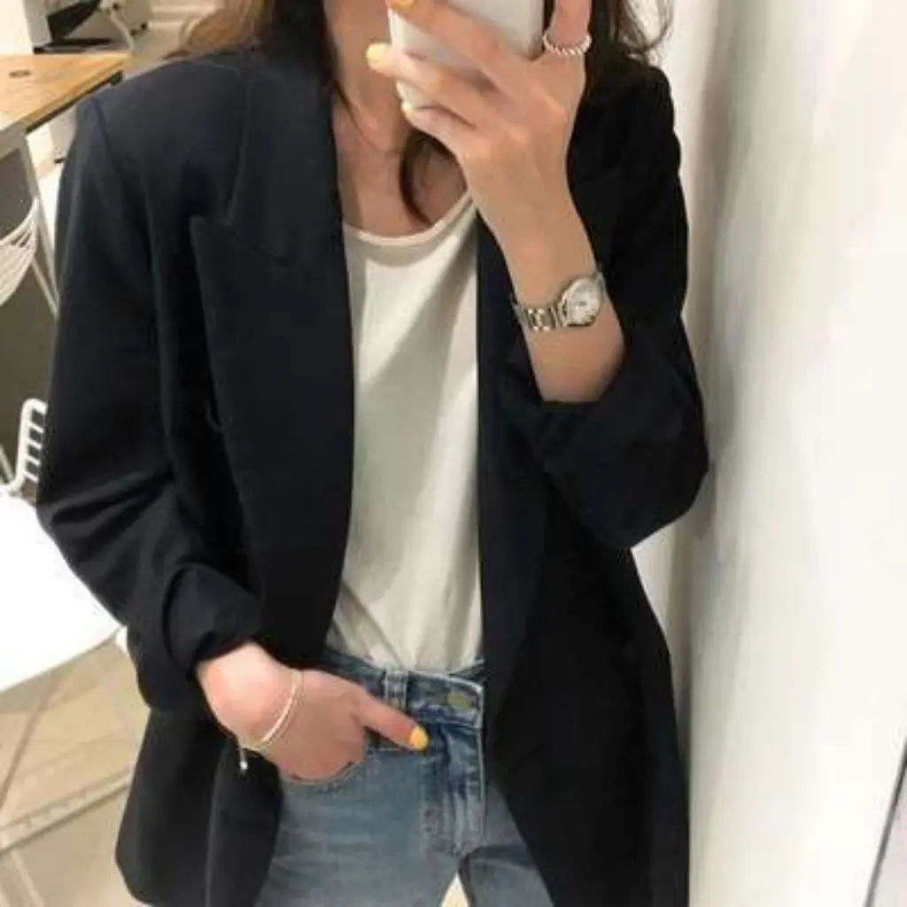 

Women's Casual Black Jacket Spring Autumn Small Suit Korean Style Loose Mid-Length Thick Professional New