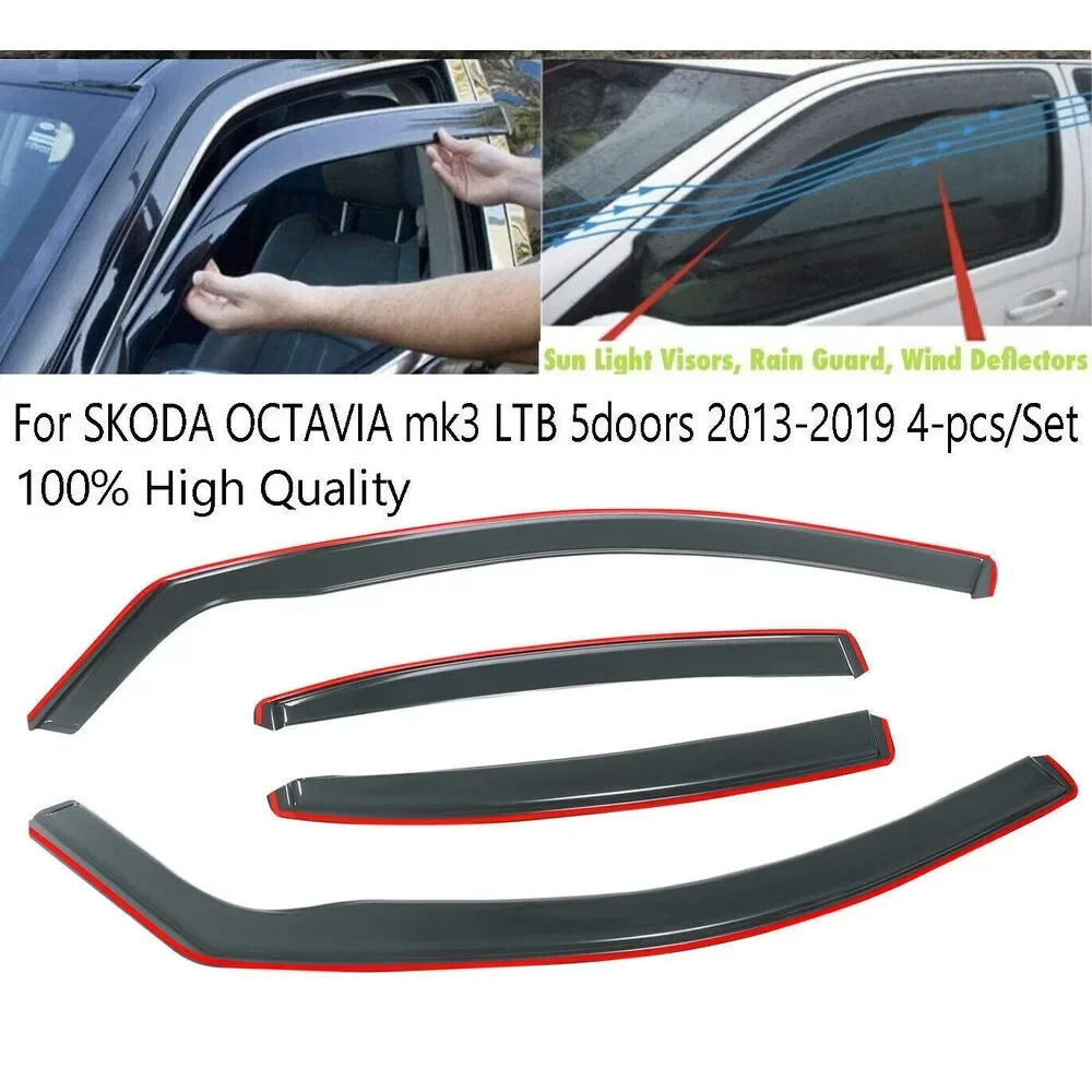 Tinted Wind Visor Deflectors For Skoda Octavia LII MK3 5-doors 2013-2019 4-pcs + Clips