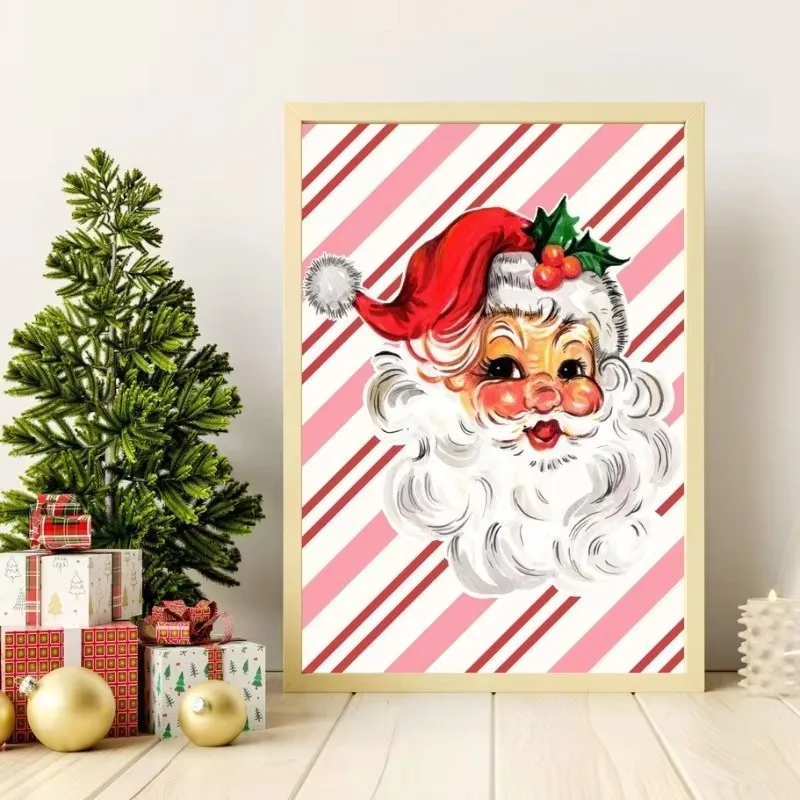 Modern Pink Christmas Poster Print Pastel Celebrate Christmas Santa Claus Canvas Painting Wall Art for Living Room Home Decor