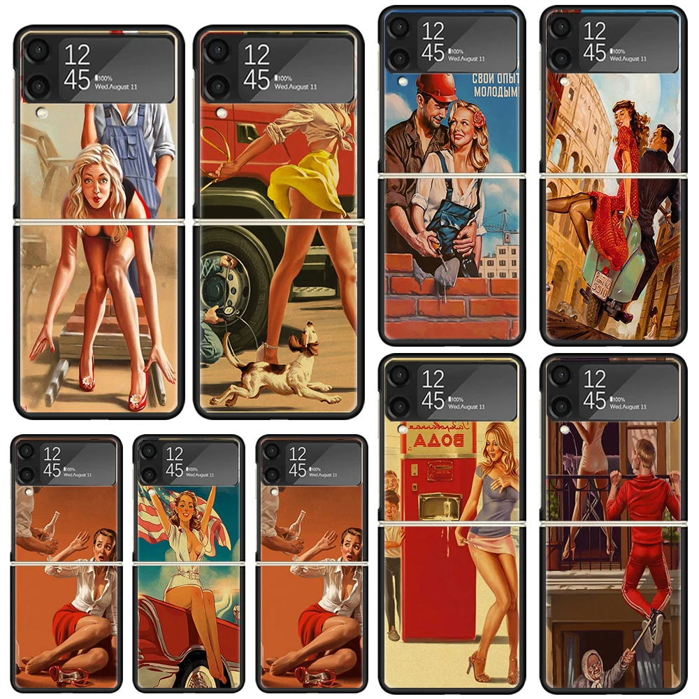 Sexy Pin Up Girl Vintege Phone Case For Samsung Galaxy Z Flip Zflip 6 Flip6 5 Flip5 4 Flip4 3 Flip3 5G Art Fundas Black Cover