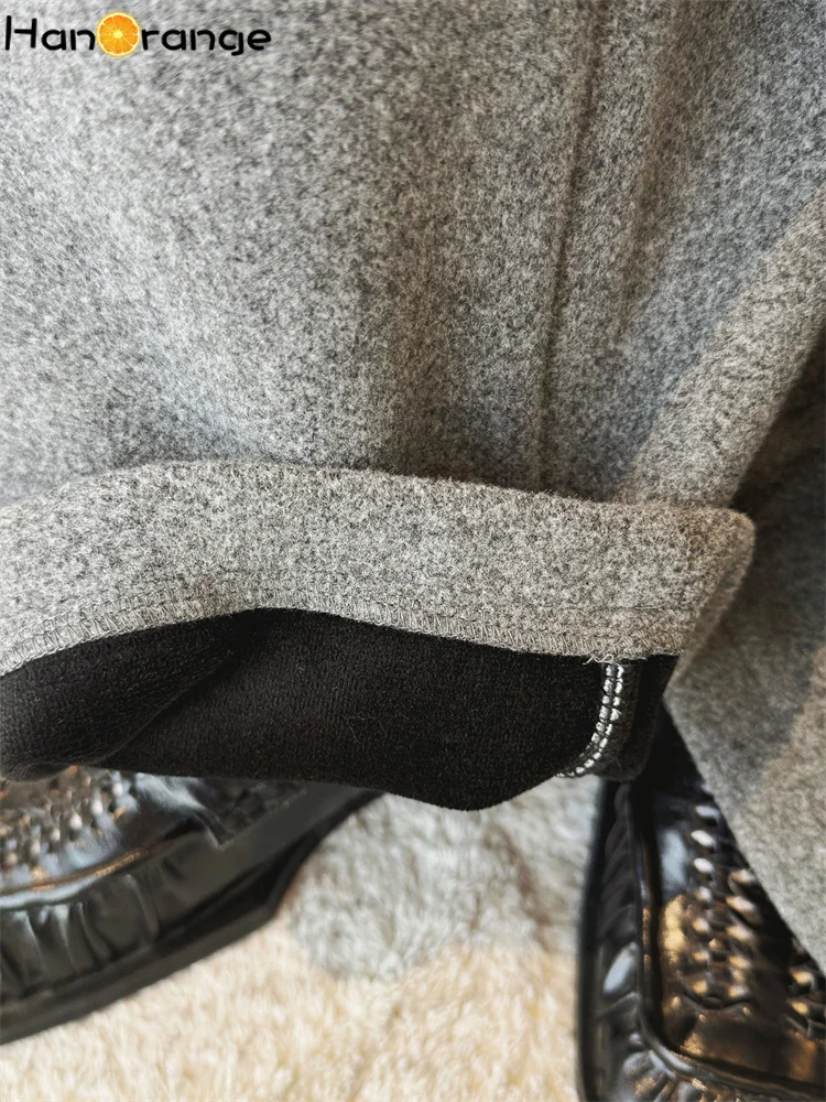 HanOrange 2025 Inverno Semplice con cintura Pantaloni in lana composita a gamba larga Pantaloni raddrizzanti da donna Albicocca/Grigio chiaro