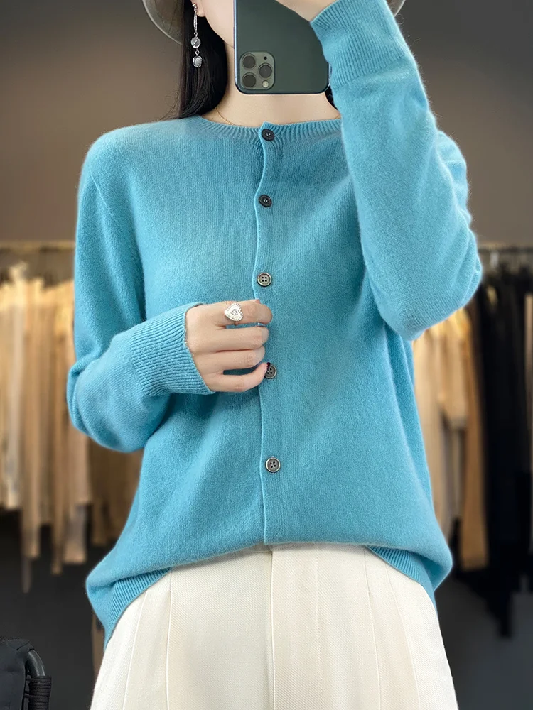 Autumn Winter O-neck Women Cardigan 100% Merino Wool High Quality Casual Solid Cashmere Sweater Long Sleeve Female Clothing Tops