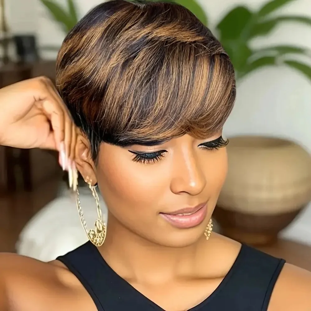 شعر مستعار قصير بقص عابث للنساء، تصميم بطبقات من الشعر البشري البرازيلي مع غرة، شعر مستعار آلي كامل #3