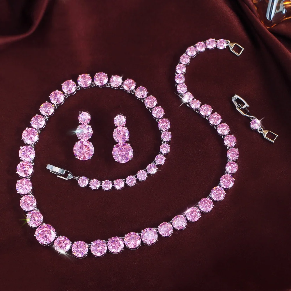 CWWZircons Prachtvolle Glänzende CZ Mode Braut Runde Halskette Ohrringe Sets für Frauen Hochzeit Abend Party Schmuck Großhandel T0997 – Detail 10