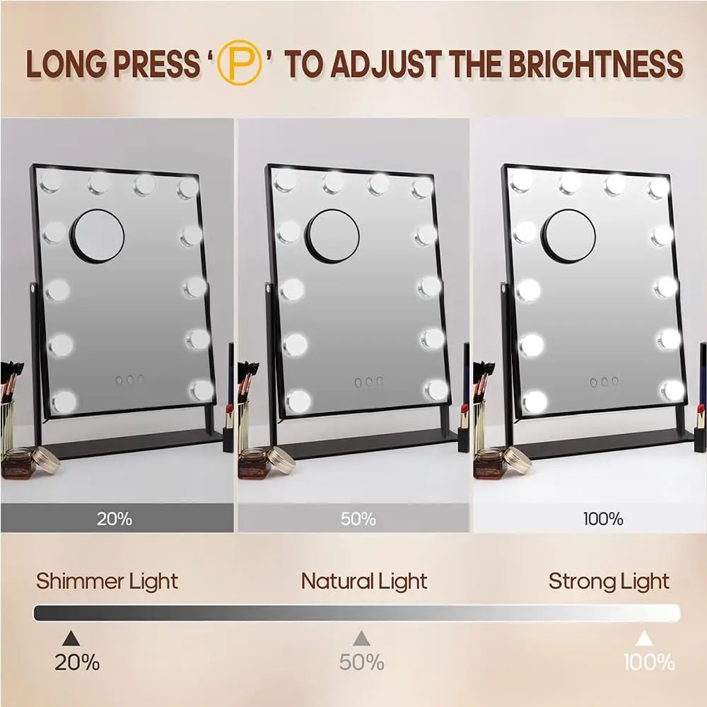 Miroir de courtoisie éclairé avec 12 lumières LED, commande tactile et grossissement 10X