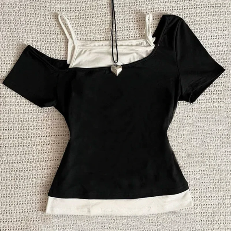 

Y2K Тонкий топ с открытыми плечами Летняя мода Kawaii Ретро футболки Креативный дизайн Поддельные две части Американская милая футболка с короткими рукавами