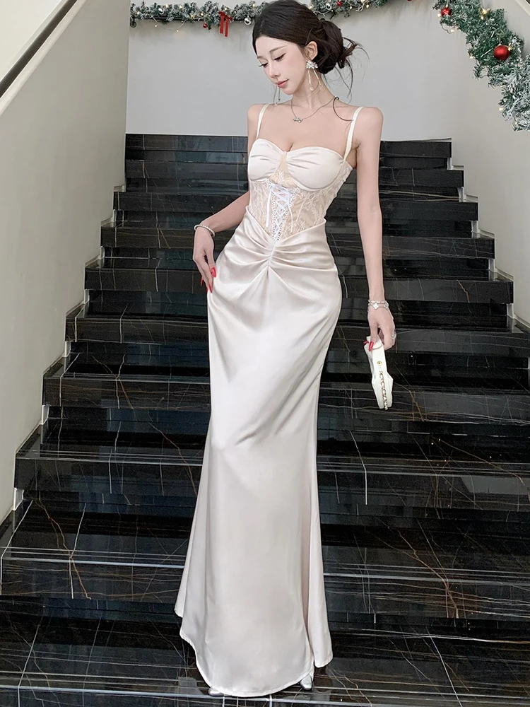 Spring Autumn Fashion Satin Patchwork Lace Sling Long Dress 2025 Korean Bodycon Hip Wrap Dress Women Elegant Luxury Night Dress
