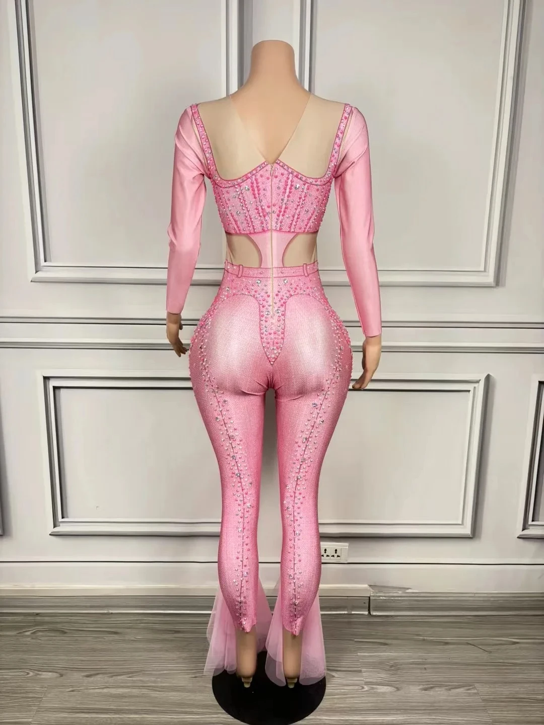 Hollow legs New Designed Pink Rhinestones Long Sleeves Jumpsuit Birthday Celebrate Stretch Bodysuit Costume Singer's outfit