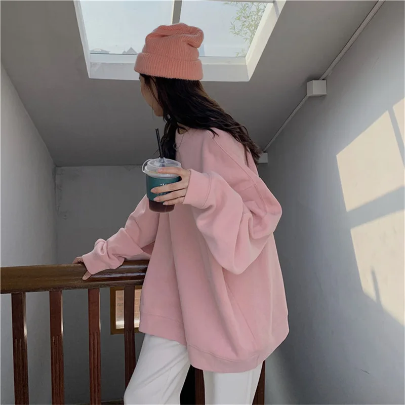

Women's Oversized Korean Style round Neck Sweatshirt Autumn Winter Fleece Lined Lazy Fashion No Hat Outerwear Top