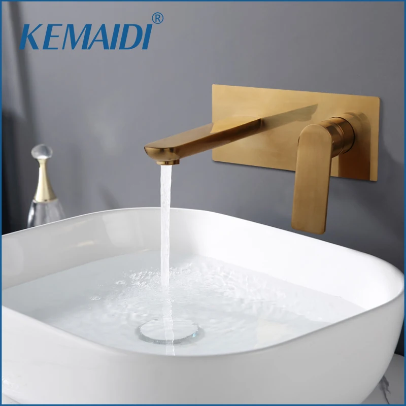 

KEMAIDI Brush Gold Bathtub Faucet Stream Spout Wall Mounted Bath Washbasin Faucets Bathroom Basin Sink Solid Brass Mixer Tap